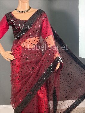 Red & Black Sequined Sheer Saree & stitched blouse (Brand New)